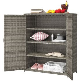 Rattan Wicker Outdoor Storage Cabinet with 4 Shelves and 2 Doors for Garden Pool Towel Storage, Mixed Gray