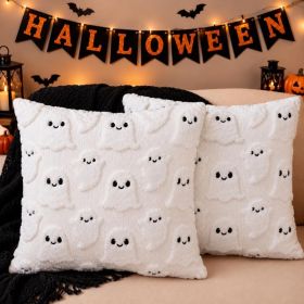 2PCS Halloween Pillow Covers, 18x18 Inch,White Ghost Decorative, Soft Plush Faux Fur Wool Couch Cushions, For Sofa, Bedroom, Living Room, And Home Dec