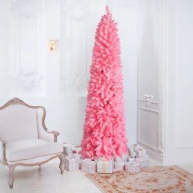 7.5 FT Hinged Christmas Tree, Artificial Pencil Christmas Tree, Unlit Artificial Christmas Pine Tree With 1075 Branch Tips And Sturdy Stand, Pink