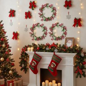 3PCS Set 13in Christmas Door Wreaths With Pine Cones Greenery Artificial Plants Garland Red Berry Full Dense Holiday Home Decor Indoor Outdoor