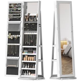 360Â° Swivel Jewelry Armoire, Lockable Jewelry Cabinet with Full-Length Mirror, Storage Shelves, White