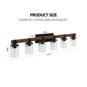 42in Rustic 6-Light Vanity Light, Industrial Bathroom Wall Sconce With Glass Shades And Wood Accent, Modern Farmhouse Lighting Fixture -No Bulbs