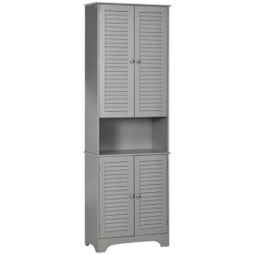 Tall Narrow Bathroom Storage Cabinet with Doors and Shelf Adjustability, Freestanding Linen Cabinet with 2 Cabinets and Countertop, Gray