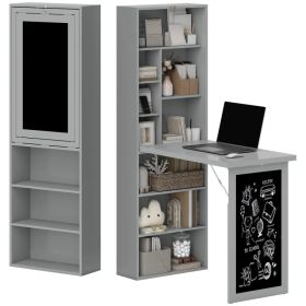 Fold-out Convertible Office Desk, Wall Mount Computer Desk with Blackboard and Side Shelf, Charcoal Grey