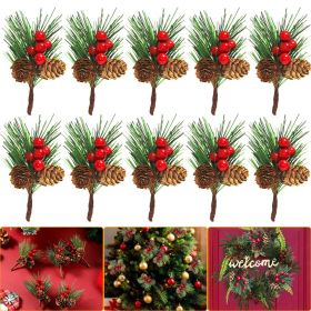 10Pcs Christmas Artificial Pine Picks Christmas Simulation Pine Needle Fake Mini Berries Pinecones For DIY Garland Flower Arrangements Holiday Wreaths