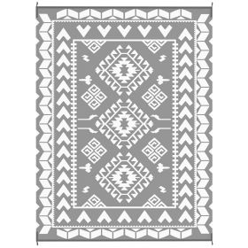 Reversible Outdoor Rug, Waterproof Plastic Straw with Carry Bag, 9' x 12', Gray & White Rhombus Patchwork