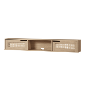 Modern Rattan-Door Coastal Oak Floating TV Stand