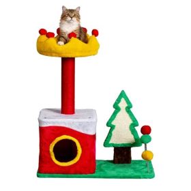 29.5in Christmas Themed Plush Cat Tree, Multi-level Cat Tower With Cat Condo, Top Crown Perch, Sisal Scratching Posts, Cat Pet Activity Center For Ind