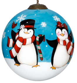 Holiday Penguins Hand Painted Glass Ornament
