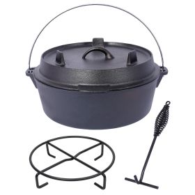 Pre-Seasoned Cast Iron Dutch Oven With Skillet Lid, Outdoor Camping Deep Pot For Camping Fireplace Cooking BBQ Baking Campfire, With Iron Pot Rack, 12