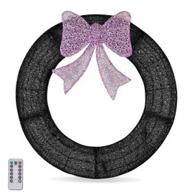 36in Pre-lit Outdoor Christmas Wreath Decoration, Lighted Metal Wreath With Purple Bow, Remote Control LED Lights With Timer, For Front Door Gate Wall