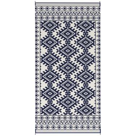 Reversible Outdoor Rug, Waterproof Plastic Straw With Carry Bag, 9 X 18, Blue & White Rhombus Border