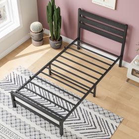Twin Size Platform Bed Frame With Rustic Vintage Wood Headboard, No Box Spring Needed Black