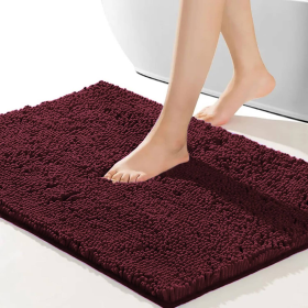 Burgundy Soft Cozy Chenille Bath Mat Absorbent Bathroom Rug