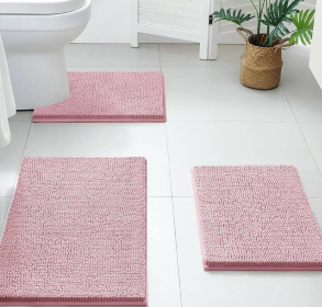 Black 2 Piece Striped Fake Fur Rabbit Bathroom Bath Mat