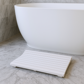 23" White Teak Slat Non Slip Bath Mat