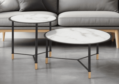 Set of Two White and Black Faux Marble And Glass And Steel Round Bunching Coffee Tables