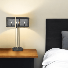 25" Brass Metal Four Light Geometric Table Lamp With Black Drum Shade