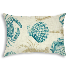 14" X 20" Teal And Ivory Seashells Blown Seam Nautical Lumbar Indoor Outdoor Pillow