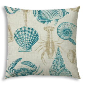 20" X 20" Teal And Ivory Fish Blown Seam Coastal Throw Indoor Outdoor Pillow