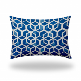 14" X 20" Blue And White Enveloped Geometric Lumbar Indoor Outdoor Pillow