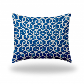 22" X 26" Blue And White Enveloped Geometric Lumbar Indoor Outdoor Pillow