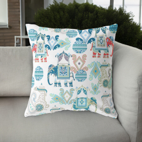 20" Blue White Tribal Indoor Outdoor Zip Throw Pillow