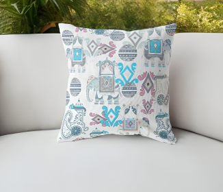 20" White Cyan Tribal Indoor Outdoor Zip Throw Pillow