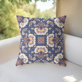 20" Blue White Floral Indoor Outdoor Zip Throw Pillow