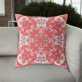 20" Red White Filigree Indoor Outdoor Zip Throw Pillow