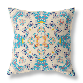 20" Blue White Filigree Indoor Outdoor Zip Throw Pillow