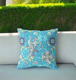 20" Turquoise Peacock Indoor Outdoor Zip Throw Pillow