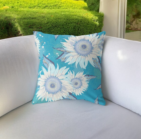 20" Aqua White Sunflower Indoor Outdoor Zippered Throw Pillow