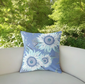 20" Blue White Sunflower Indoor Outdoor Zippered Throw Pillow