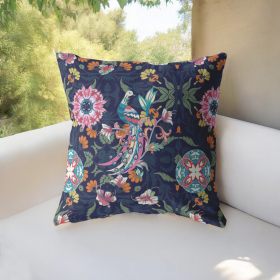 26" Navy Pink Peacock Indoor Outdoor Throw Pillow