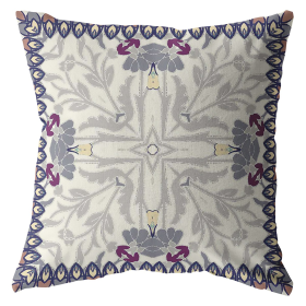 20" Gray Floral Frame Indoor Outdoor Zippered Throw Pillow