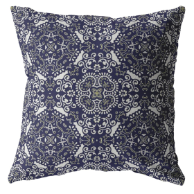 20" Navy Boho Indoor Outdoor Zippered Throw Pillow