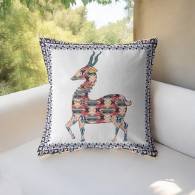 20" Blue White Boho Deer Indoor Outdoor Zippered Throw Pillow