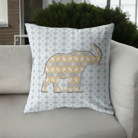 20" Blue Yellow Elephant Indoor Outdoor Zip Throw Pillow