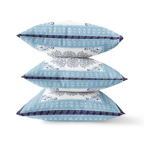 28" X 28" White And Indigo Blown Seam Floral Indoor Outdoor Throw Pillow