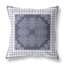 26" X 26" Dark Blue And White Blown Seam Floral Indoor Outdoor Throw Pillow