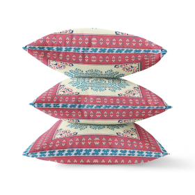 26" X 26" Cream And Blue Blown Seam Damask Indoor Outdoor Throw Pillow