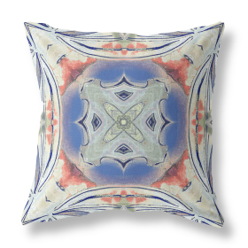 26" X 26" Cream And Blue Blown Seam Geometric Indoor Outdoor Throw Pillow