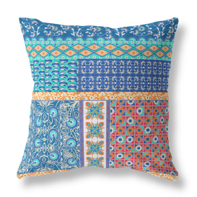 28" X 28" Blue And Orange Zippered Patchwork Indoor Outdoor Throw Pillow Cover & Insert