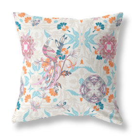 28" X 28" Off White And Sky Blue Broadcloth Floral Throw Pillow