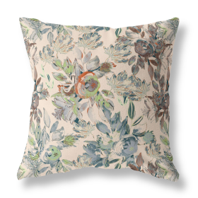 28" X 28" Green And Brown Broadcloth Floral Throw Pillow
