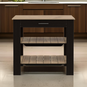 Light Oak and Black Kitchen Island with Drawer and Two Open Shelves
