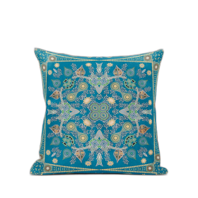 28" X 28" Aqua And Gold Blown Seam Floral Indoor Outdoor Throw Pillow