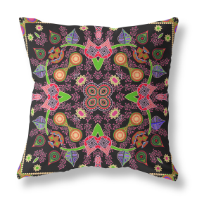 26" x 26" Black and Pink Blown Seam Paisley Indoor Outdoor Throw Pillow