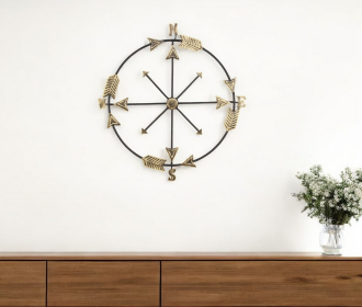 26" X 25" Brass and Black Metal Distressed Compass Wall Decor